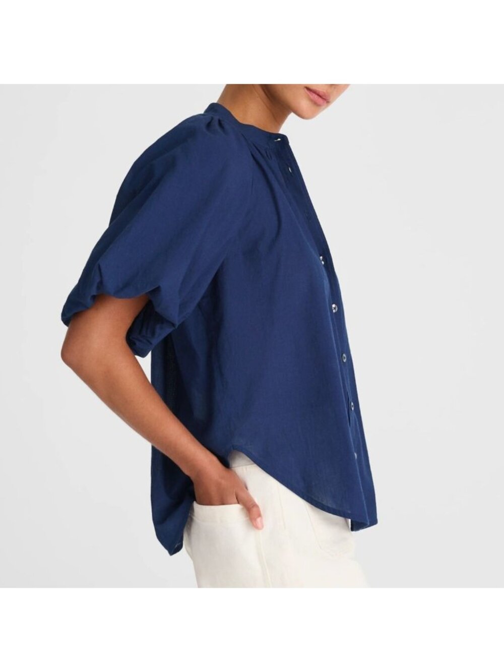 NWT Madewell XL Shirred Balloon-Sleeve Top Navy Blouse Cotton Voile Button Front - Picture 3 of 11